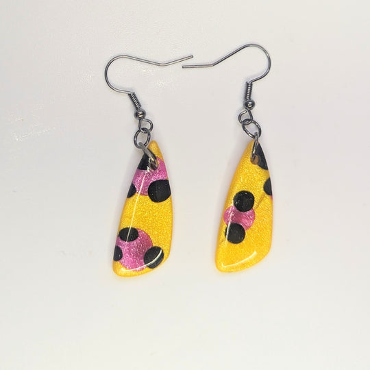 Sparkly Yellow & Pink Leopard Print Teardrop Drop Earrings, Polymer Clay Jewellery