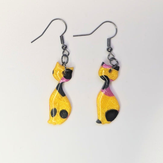 Sparkly Yellow & Pink Leopard Print Slender Cat Drop Earrings, Polymer Clay Jewellery