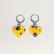 Sparkly Yellow & Pink Leopard Print Heart Huggie Hoop Earrings, Polymer Clay Jewellery