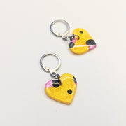 Sparkly Yellow & Pink Leopard Print Heart Huggie Hoop Earrings, Polymer Clay Jewellery