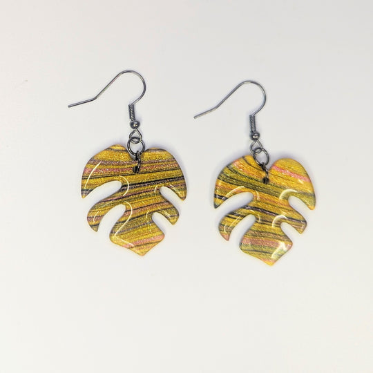 Sparkly Yellow & Pink Striped Monstera Leaf Drop Earrings, Polymer Clay Jewellery