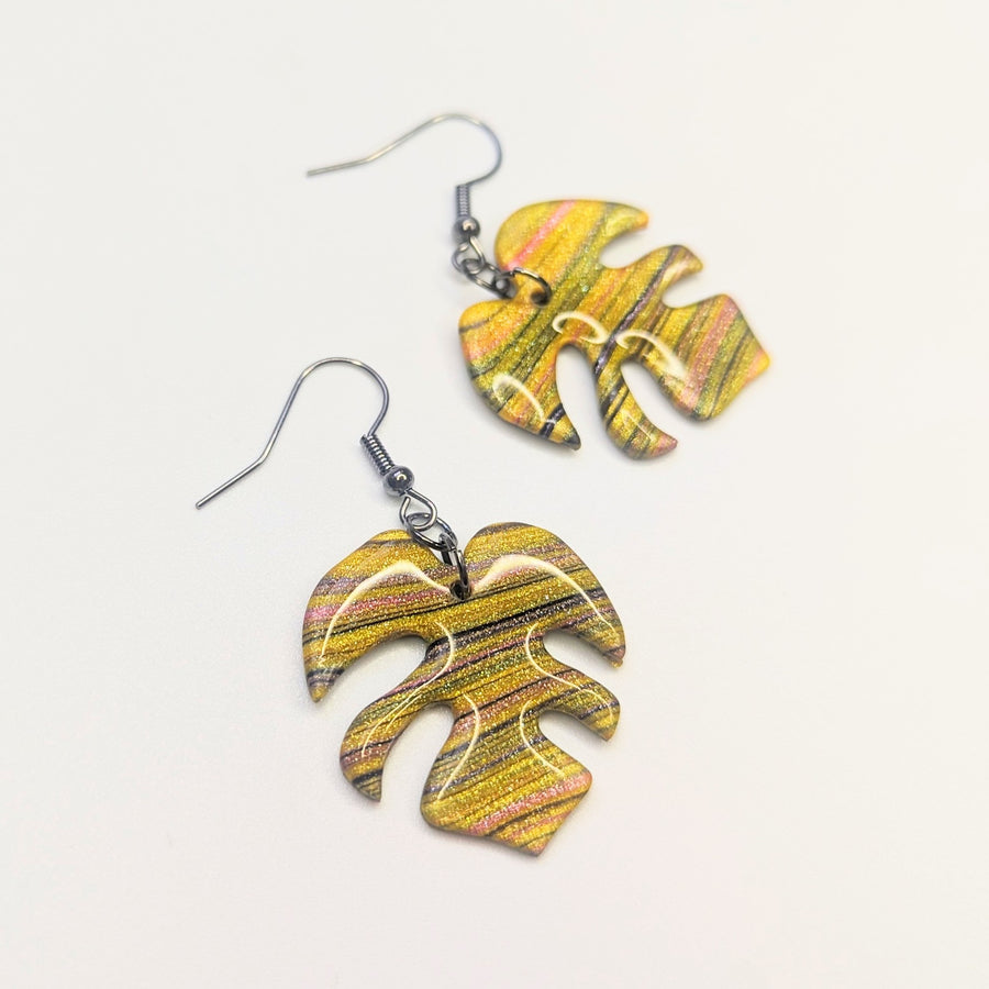 Sparkly Yellow & Pink Striped Monstera Leaf Drop Earrings, Polymer Clay Jewellery