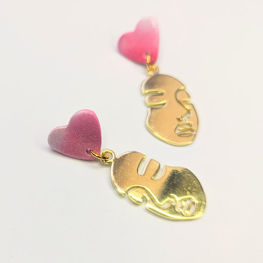 Sparkly Marbled Pink & White Topped Golden Face Earrings