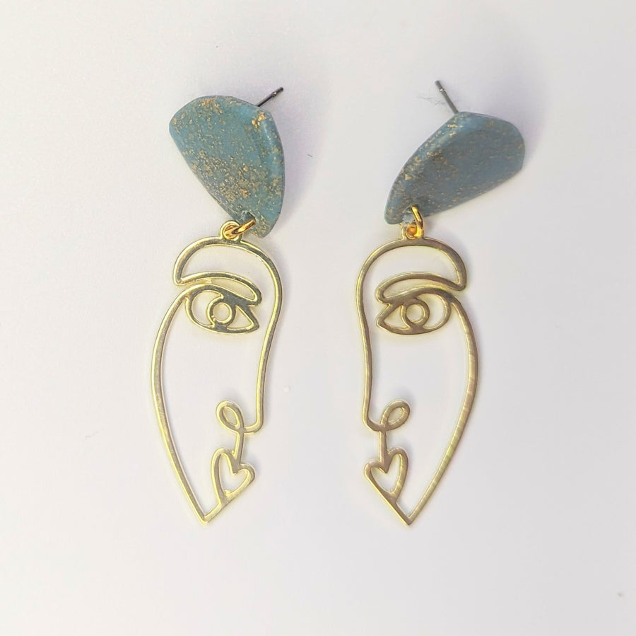 Teal & Gold Flake Glow in the Dark Topped Golden Face Earrings