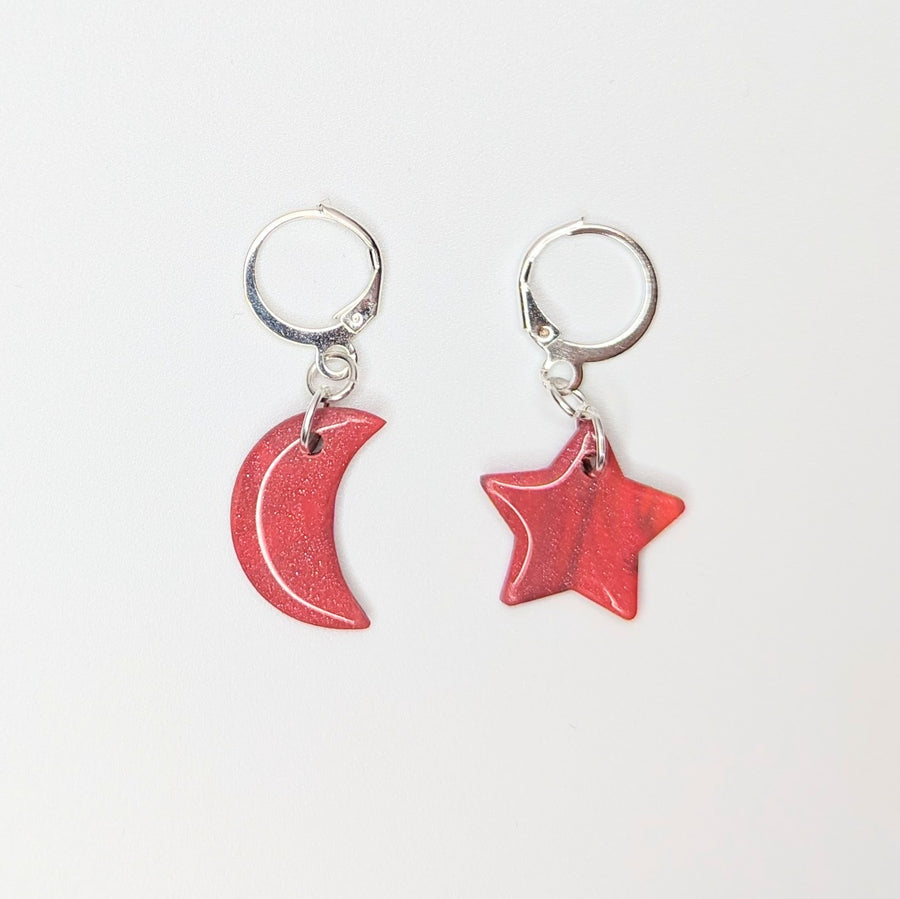 Sparkly Pinky Star & Moon Huggie Hoop Earrings, Polymer Clay Jewellery