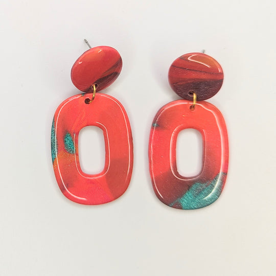 Marbled Rich Peach & Green Oval Trapeze Earrings, Polymer Clay Jewellery