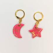 Sparkly Red & Gold Leaf Star & Moon Huggie Hoop Earrings, Polymer Clay Jewellery