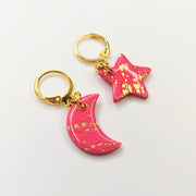 Sparkly Red & Gold Leaf Star & Moon Huggie Hoop Earrings, Polymer Clay Jewellery