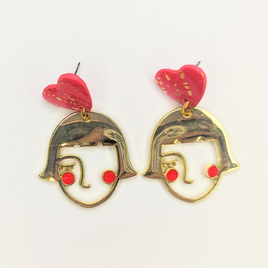 Sparkly Red & Gold Flake Heart Topped Face Drop Earrings, Polymer Clay Jewellery
