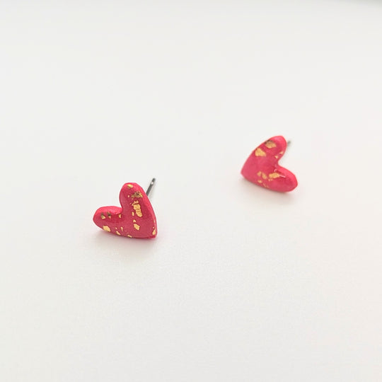 Sparkly Red & Gold Flake Cute Heart Stud Earrings