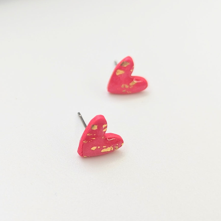 Sparkly Red & Gold Flake Cute Heart Stud Earrings