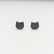 Matt Black Leather Style Cat Face Stud Earrings