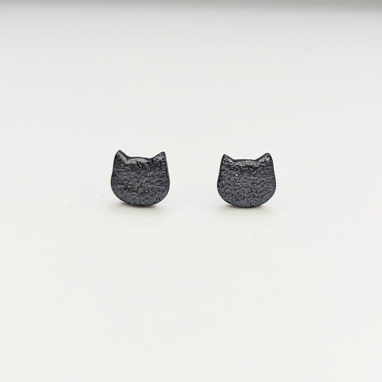 Matt Black Leather Style Cat Face Stud Earrings