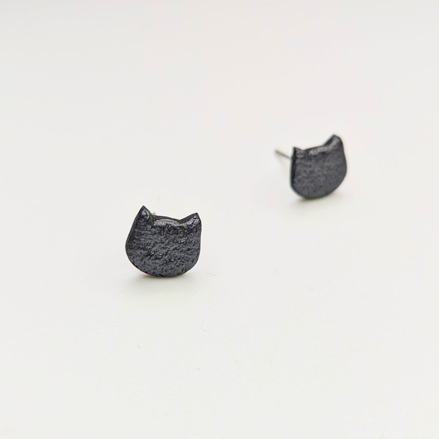 Matt Black Leather Style Cat Face Stud Earrings