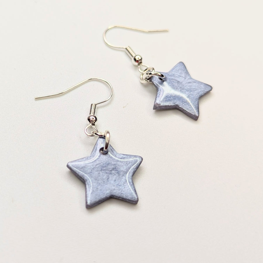 Sparkly Silvery Blue Star Drop Earrings, Polymer Clay Jewellery