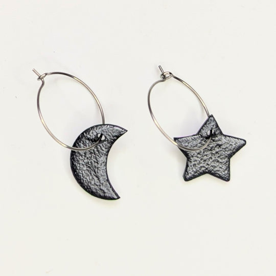 Matt Black Leather Style Star & Moon Hoop Earrings, Polymer Clay Jewellery