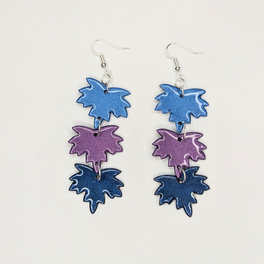 Triple Blue & Purple Sparkly Shiny Maple Leaf Trapeze Earrings