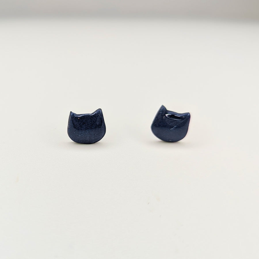 Dark Sparkly Blue Cat Face Stud Earrings