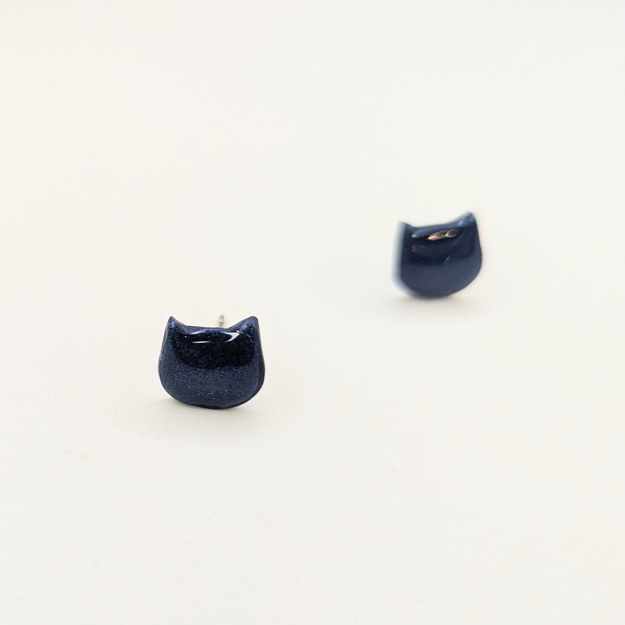 Dark Sparkly Blue Cat Face Stud Earrings