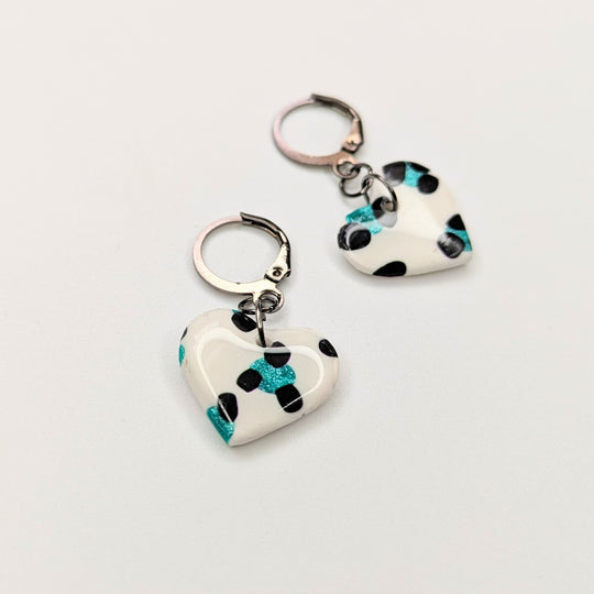 Sparkly Green & White Leopard Print Heart Huggie Hoop Earrings