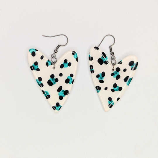 Oversized Sparkly Green & White Leopard Print Heart Drop Earrings