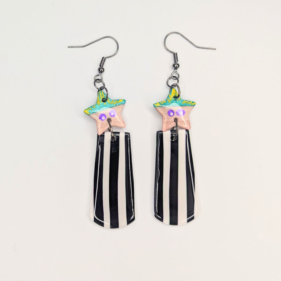 Beetlejuice Inspired Star Top Striped Trapeze Earrings