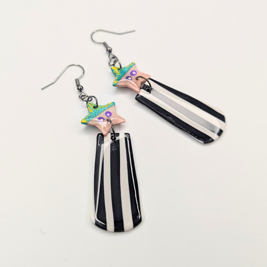 Beetlejuice Inspired Star Top Striped Trapeze Earrings