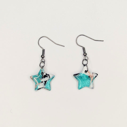 Sparkly Marbled Green, Black, White & Pink Star Drop Earrings