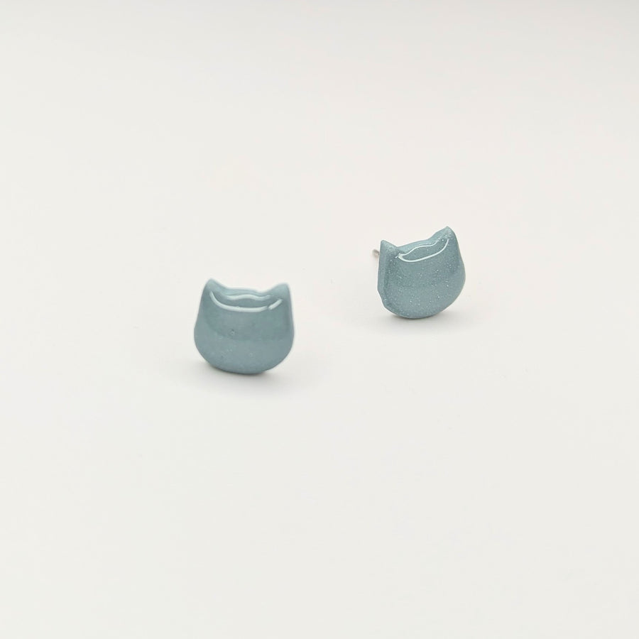 Sparkly Light Teal Cat Face Stud Earrings