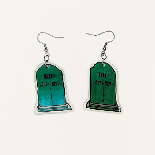 Semi Translucent "Brat"-legeuse Beetlejuice x Brat Inspired Headstone Drop Earrings