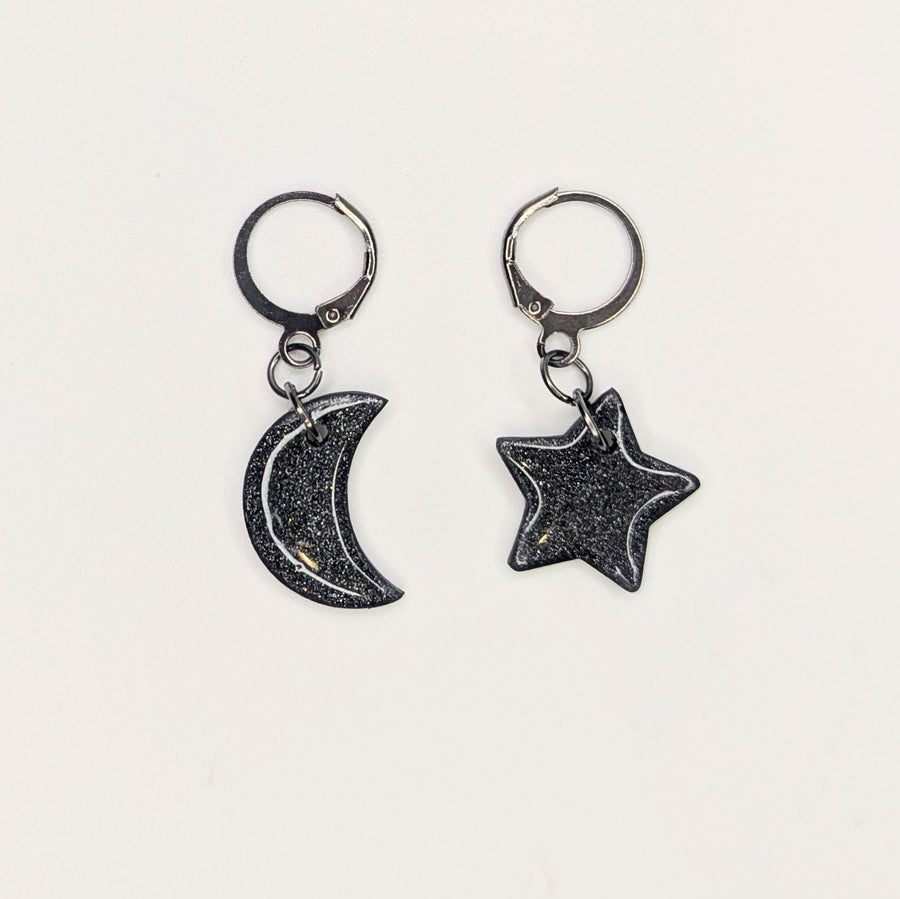 Sparkly Black Star & Moon Huggie Hoop Earrings