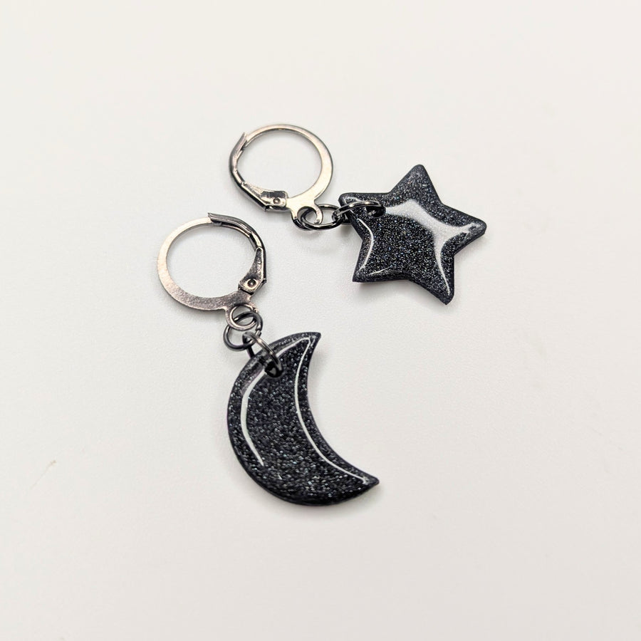 Sparkly Black Star & Moon Huggie Hoop Earrings