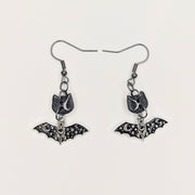 Sparkly Cute Black Cat Topped Bat Charm Trapeze Earrings