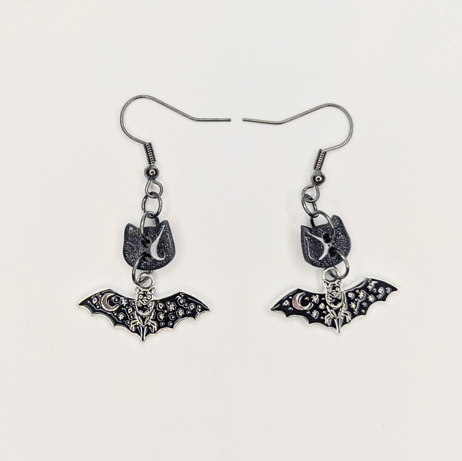 Sparkly Cute Black Cat Topped Bat Charm Trapeze Earrings