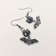 Sparkly Cute Black Cat Topped Bat Charm Trapeze Earrings