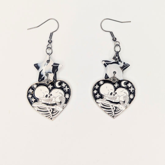 Marbled Black & White Star Topped Skeleton Lovers Charm Trapeze Earrings