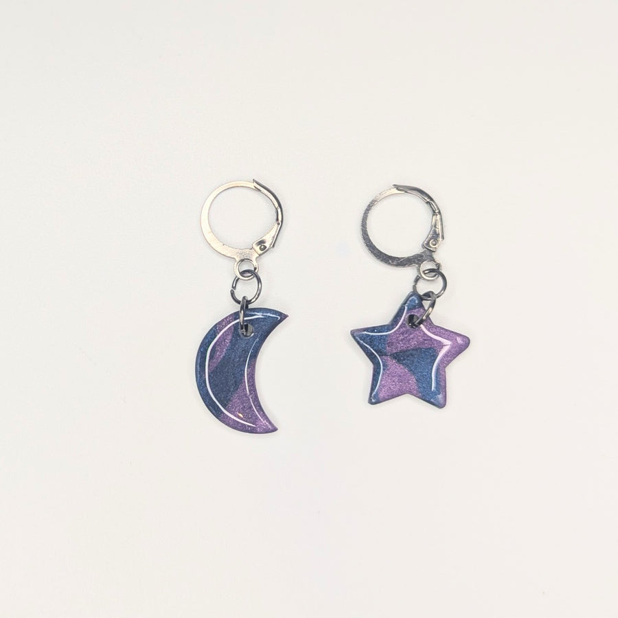 Shiny Marbled Blue & Purple Star & Moon Huggie Hoop Earrings