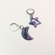 Shiny Marbled Blue & Purple Star & Moon Huggie Hoop Earrings