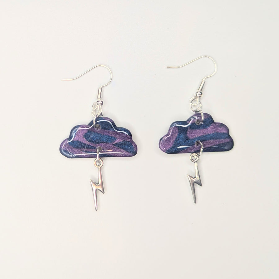 Shiny Marbled Blue & Purple Cloud with Lightning Bolt Charm Trapeze Earrings