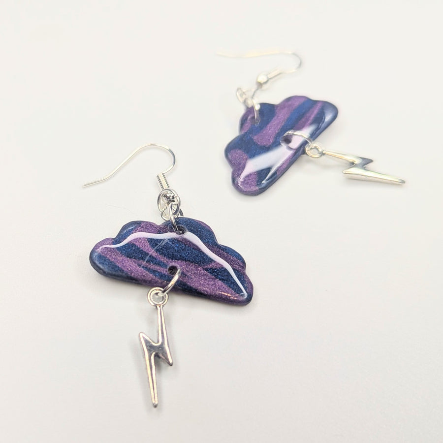 Shiny Marbled Blue & Purple Cloud with Lightning Bolt Charm Trapeze Earrings