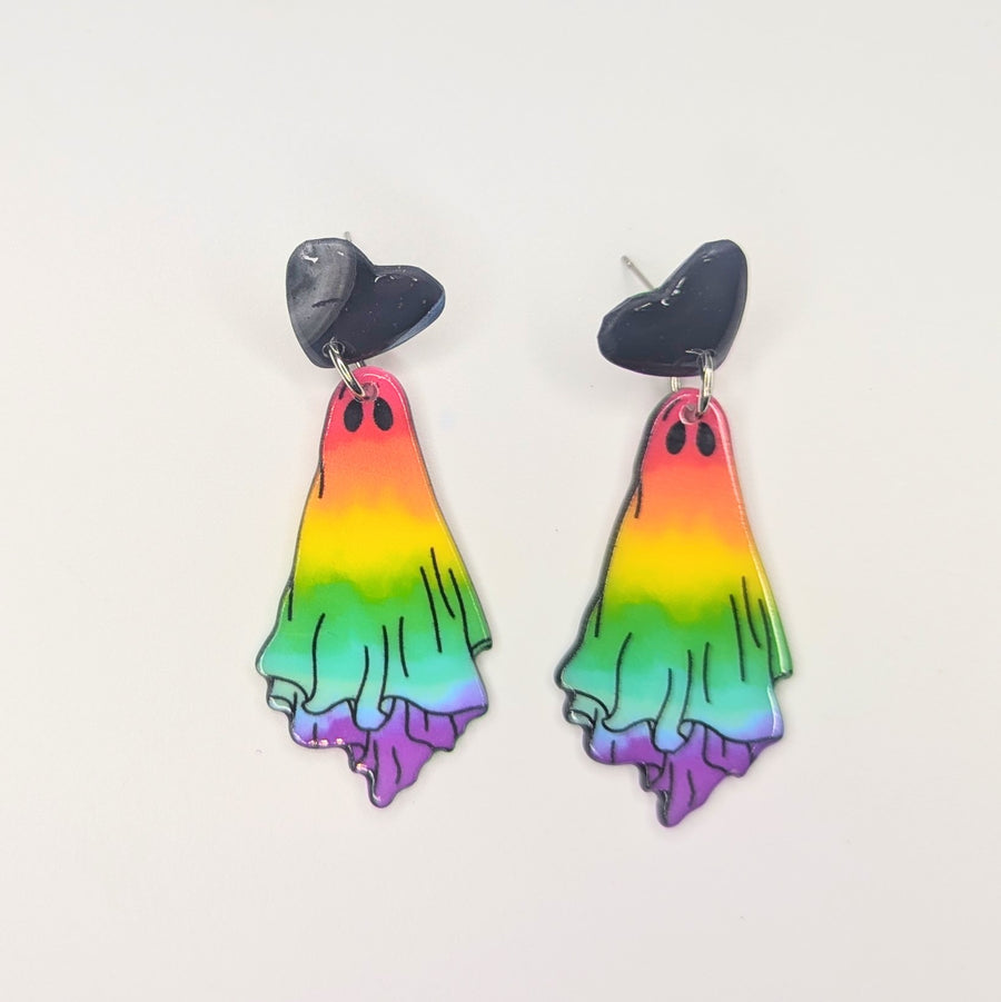 Dark, Sparkly Heart Topped Rainbow Ghost Charm Trapeze Earrings