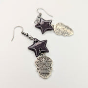 Sparkly Dark Purple Star Topped Candy Skull Charm Trapeze Earrings