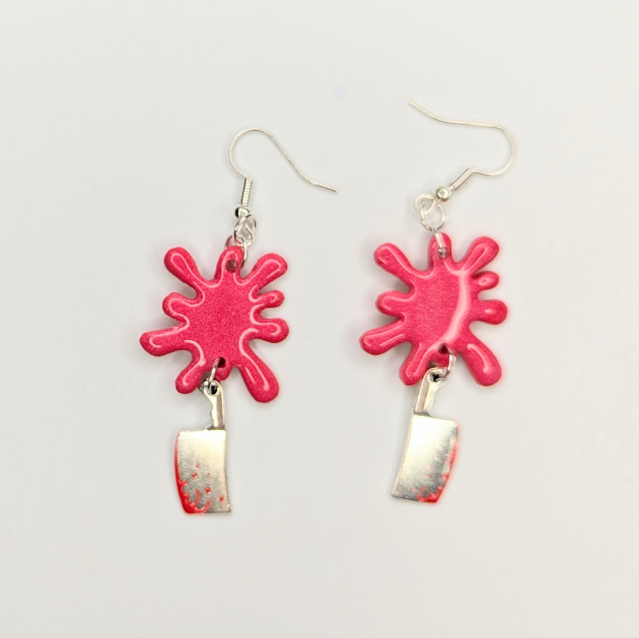 Sparkly Red Blood Splatter Topped Candy Cleaver Charm Trapeze Earrings