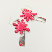 Sparkly Red Blood Splatter Topped Candy Cleaver Charm Trapeze Earrings