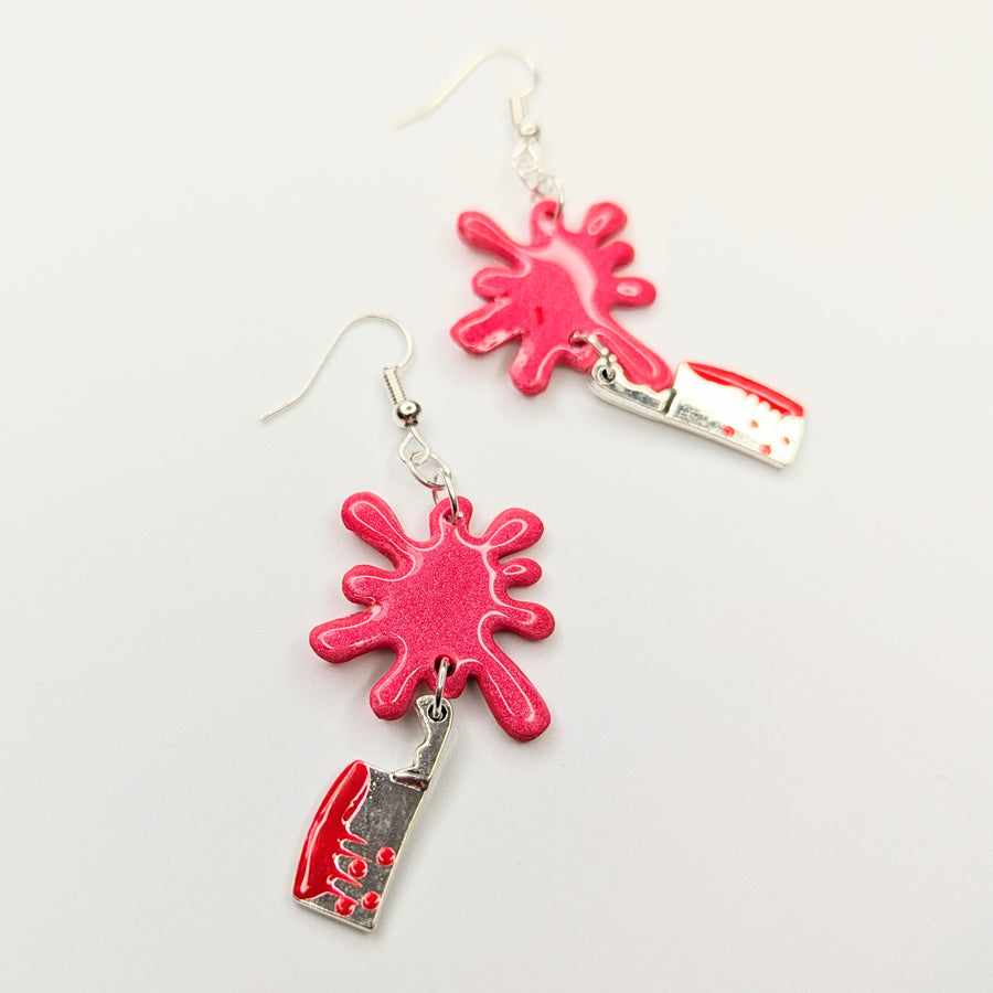 Sparkly Red Blood Splatter Topped Candy Cleaver Charm Trapeze Earrings