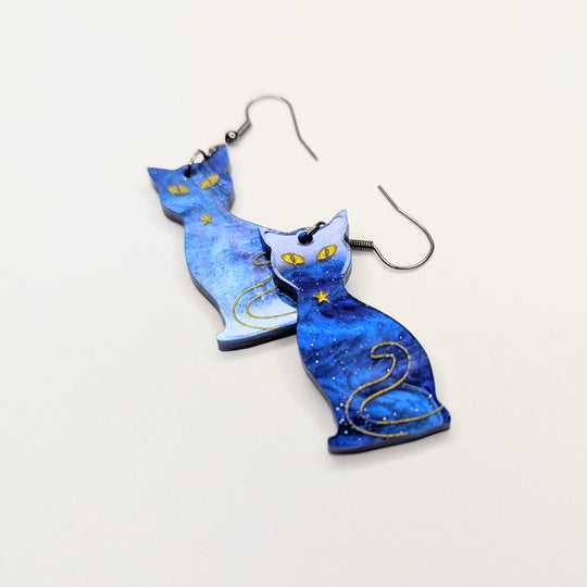 Spacey Blue & Gold Glittery Acrylic Cat Earrings