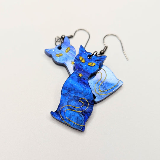 Spacey Blue & Gold Glittery Acrylic Cat Earrings