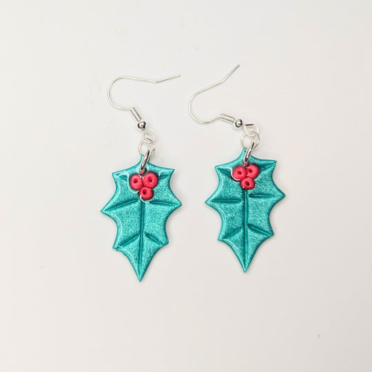 Sparkly Holly Leaf Drop Earrings