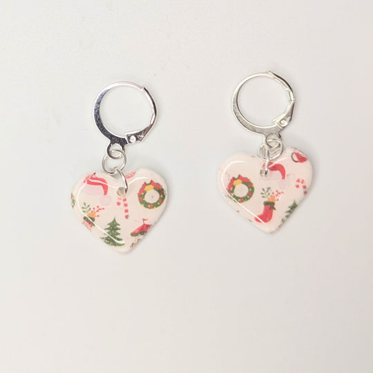 White Christmas Print Heart Huggie Hoop Earrings