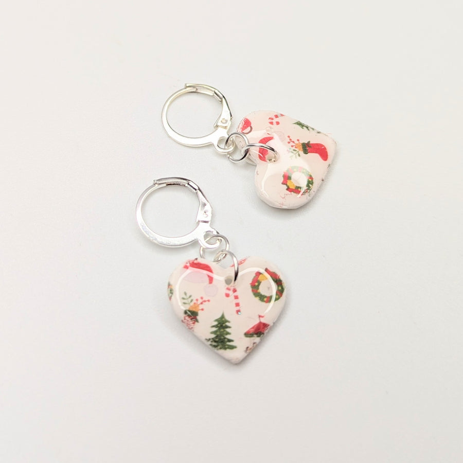 White Christmas Print Heart Huggie Hoop Earrings